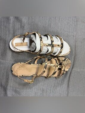 ALDO Women's Snake-Print Strappy Sandals in Beige and Black